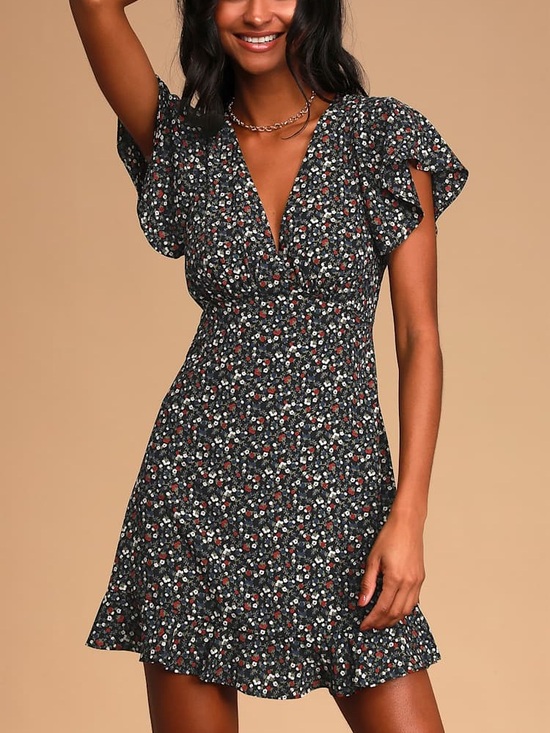 Lulus Dresses & Skirts - Lulu's Black Mini Dress with Red & White Floral Print